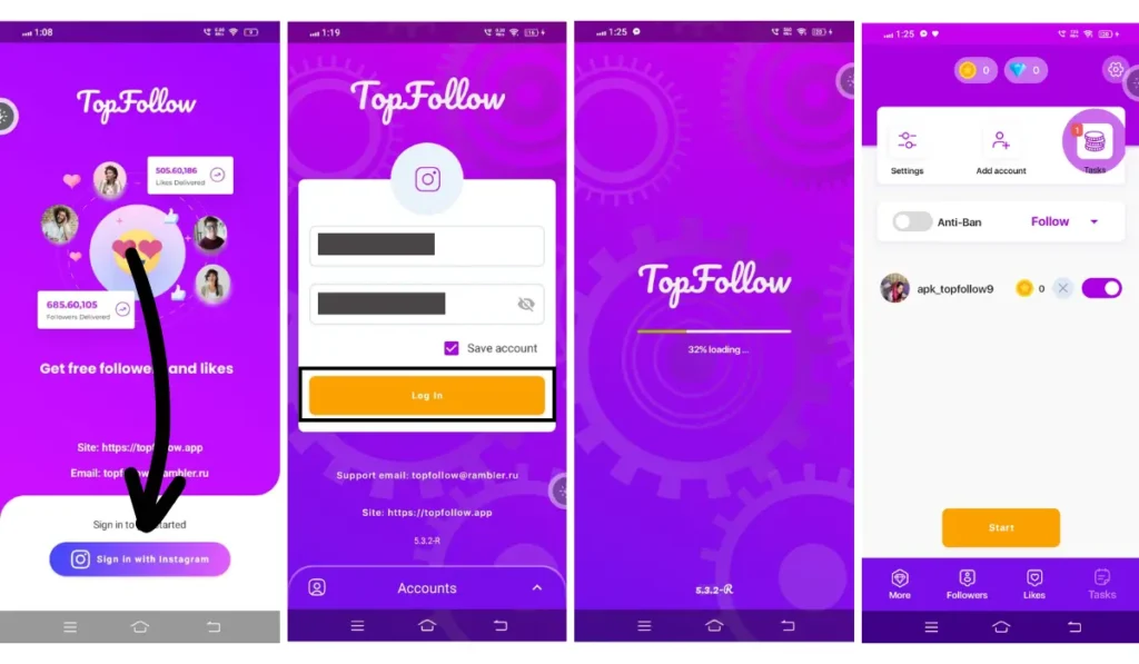 How to login to top follow apk